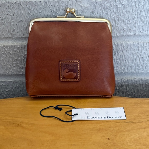 Dooney & Bourke British Tan Florentine Large Framed Kiss Lock Coin Purse Wallet - Picture 1 of 13